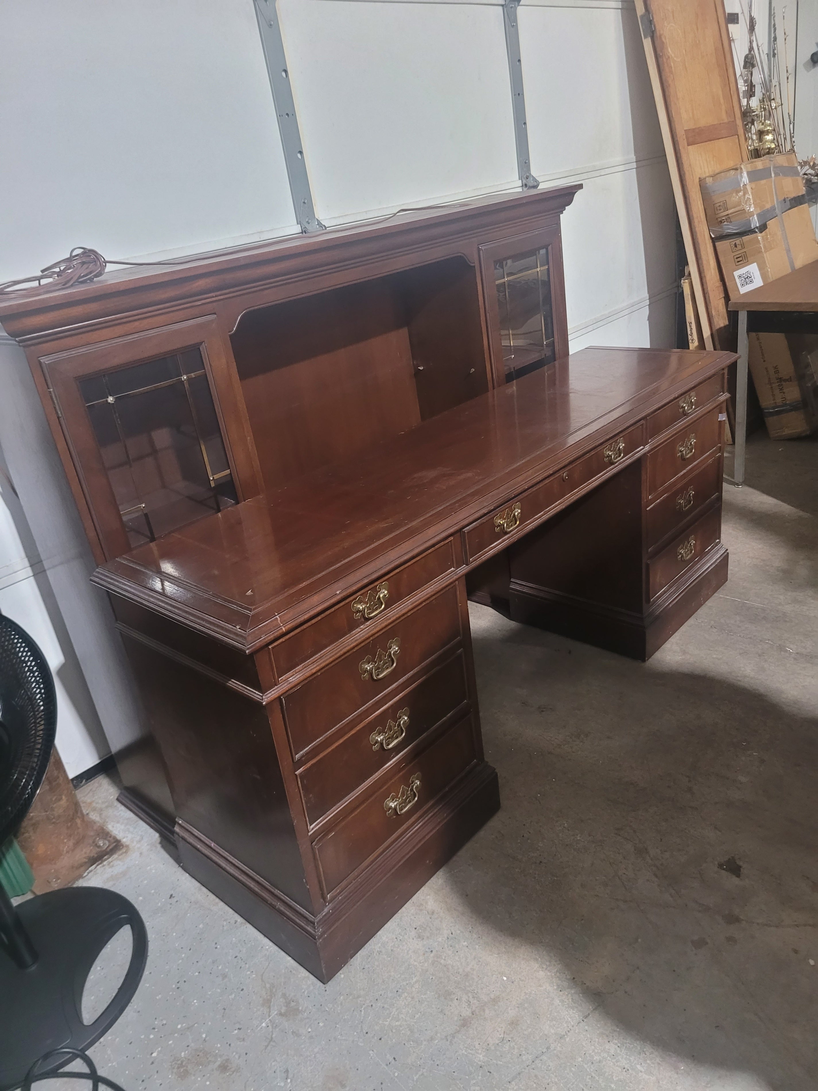 Traditional Executive Desk & Lighted Display Hutch Set – Solid Wood - Image 9
