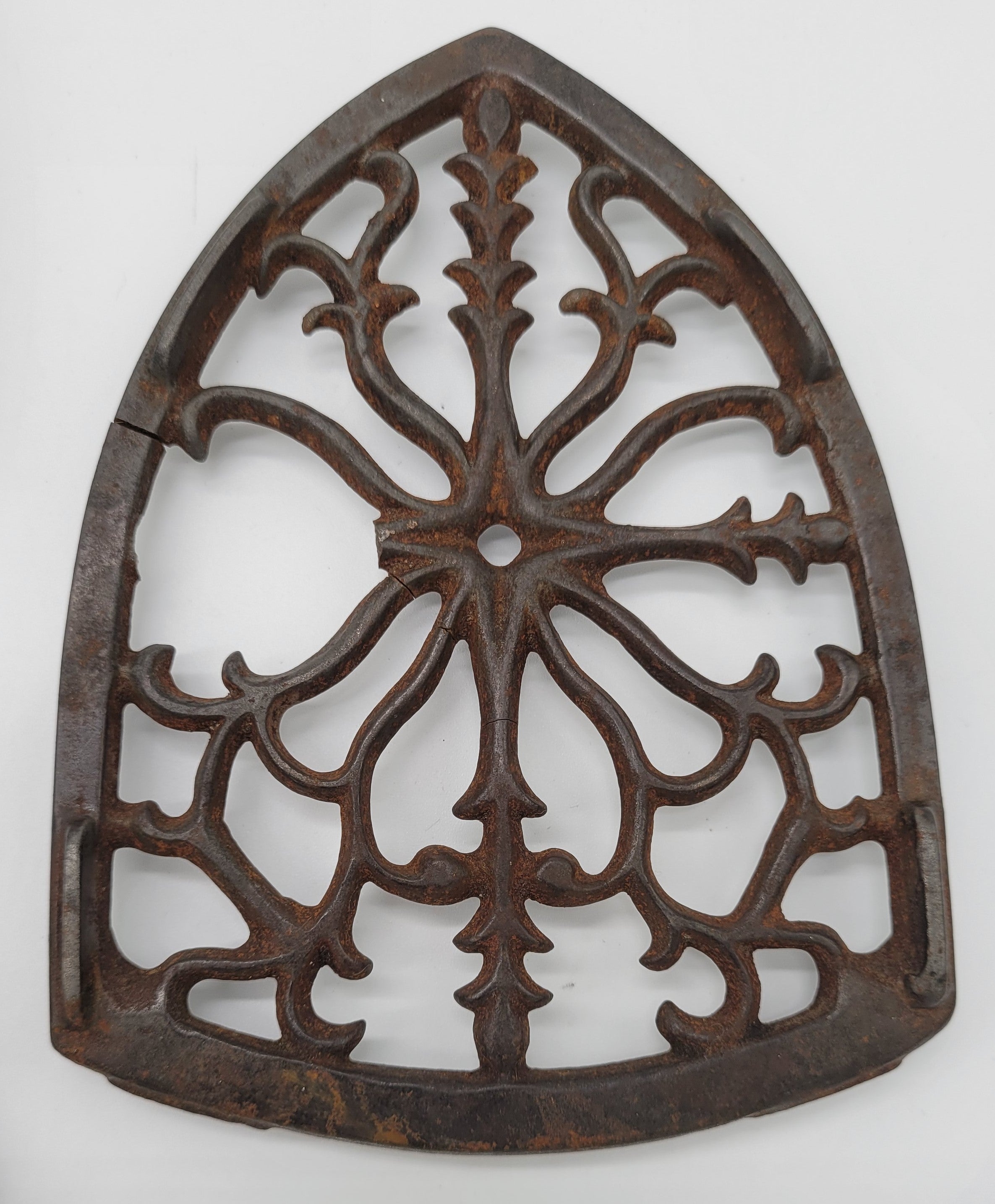 Antique Cast Iron Sad Iron Trivet – Ornate Floral / Gothic Design – Primitive Decor - Image 1