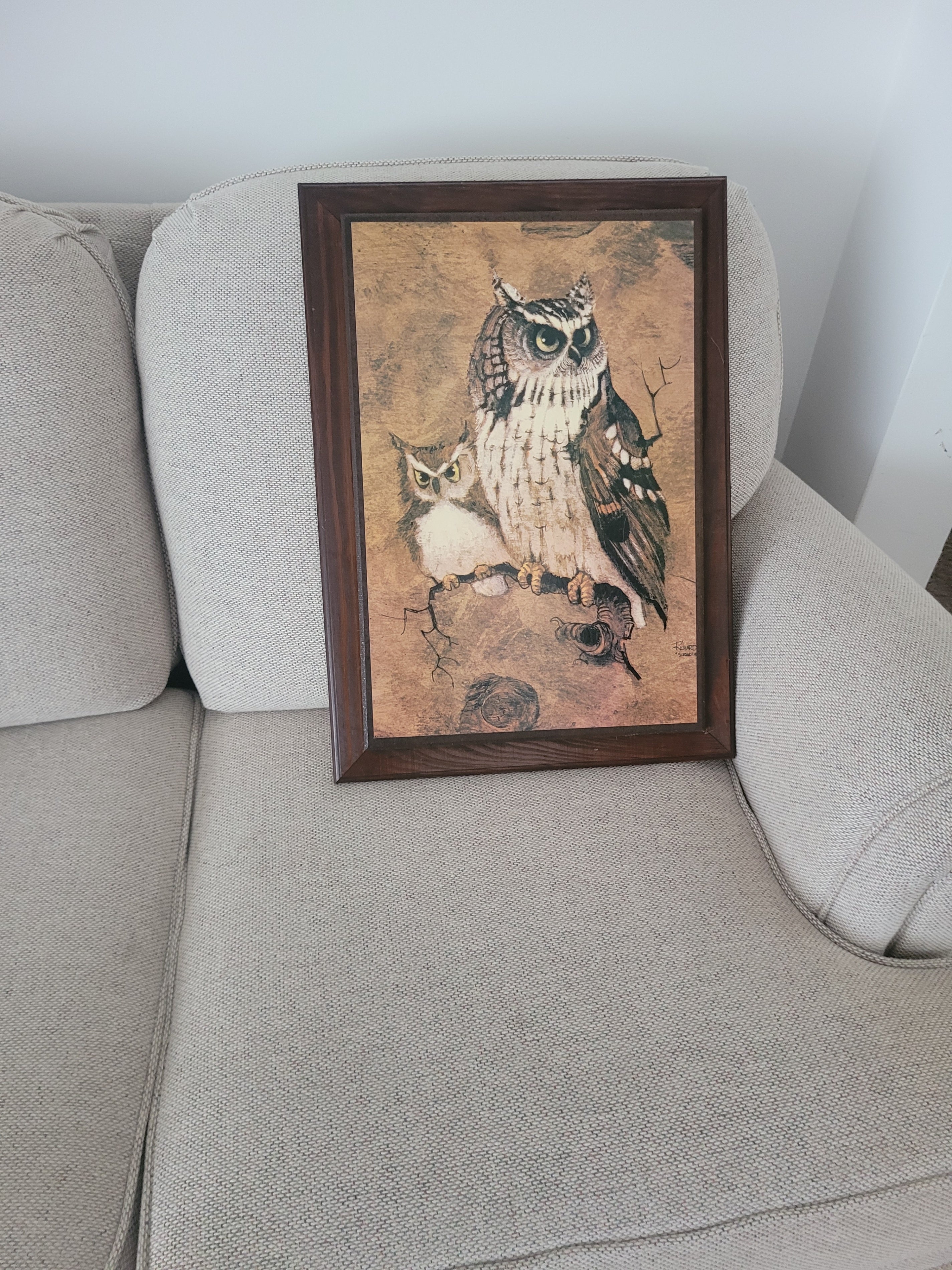 Framed Owl & Owlet Print – Rustic Woodland Wall Art - Image 1