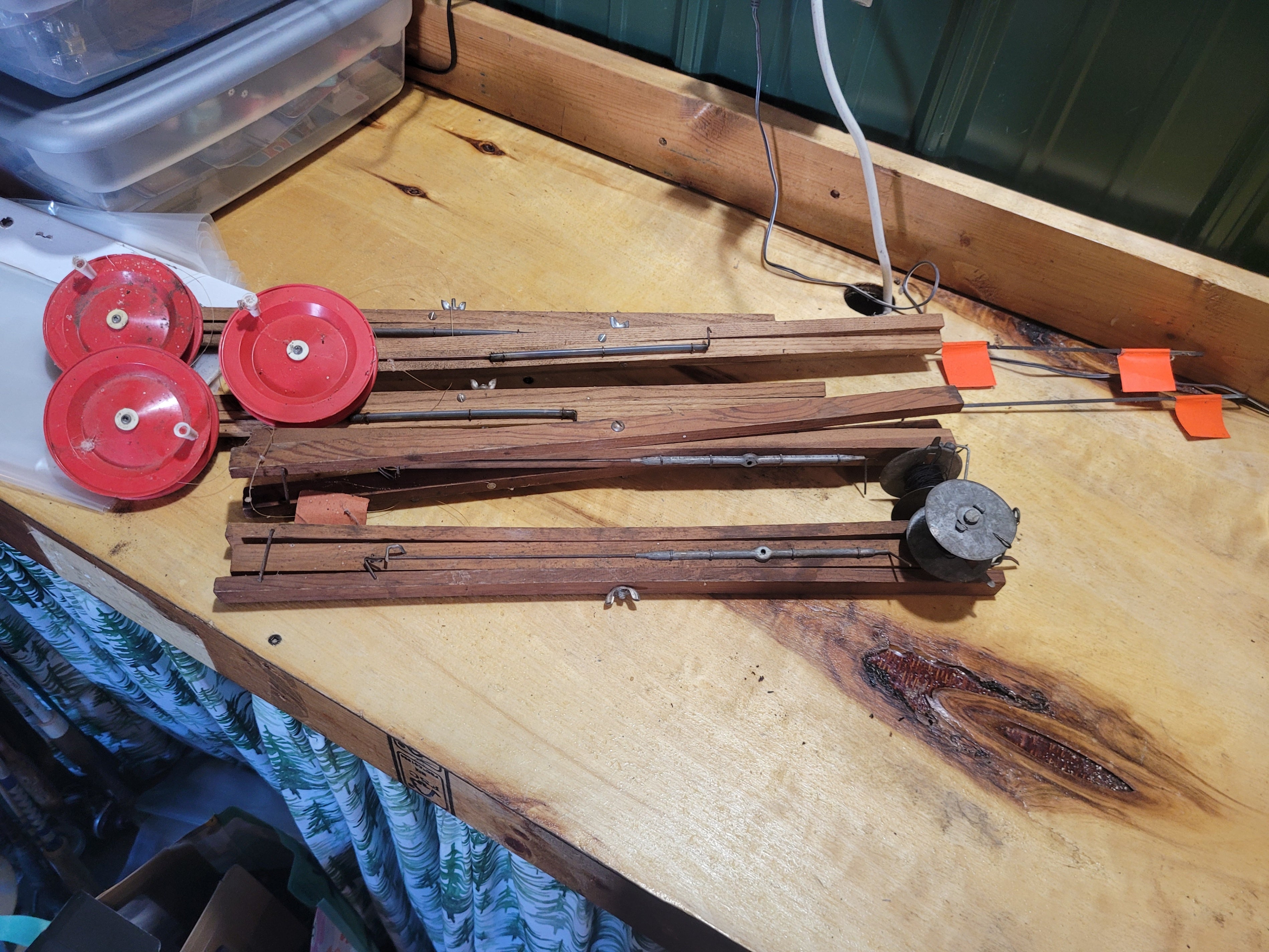 Vintage Wooden Ice Fishing Tip-Ups – Lot of 6 – Mixed Styles & Reels - Image 1
