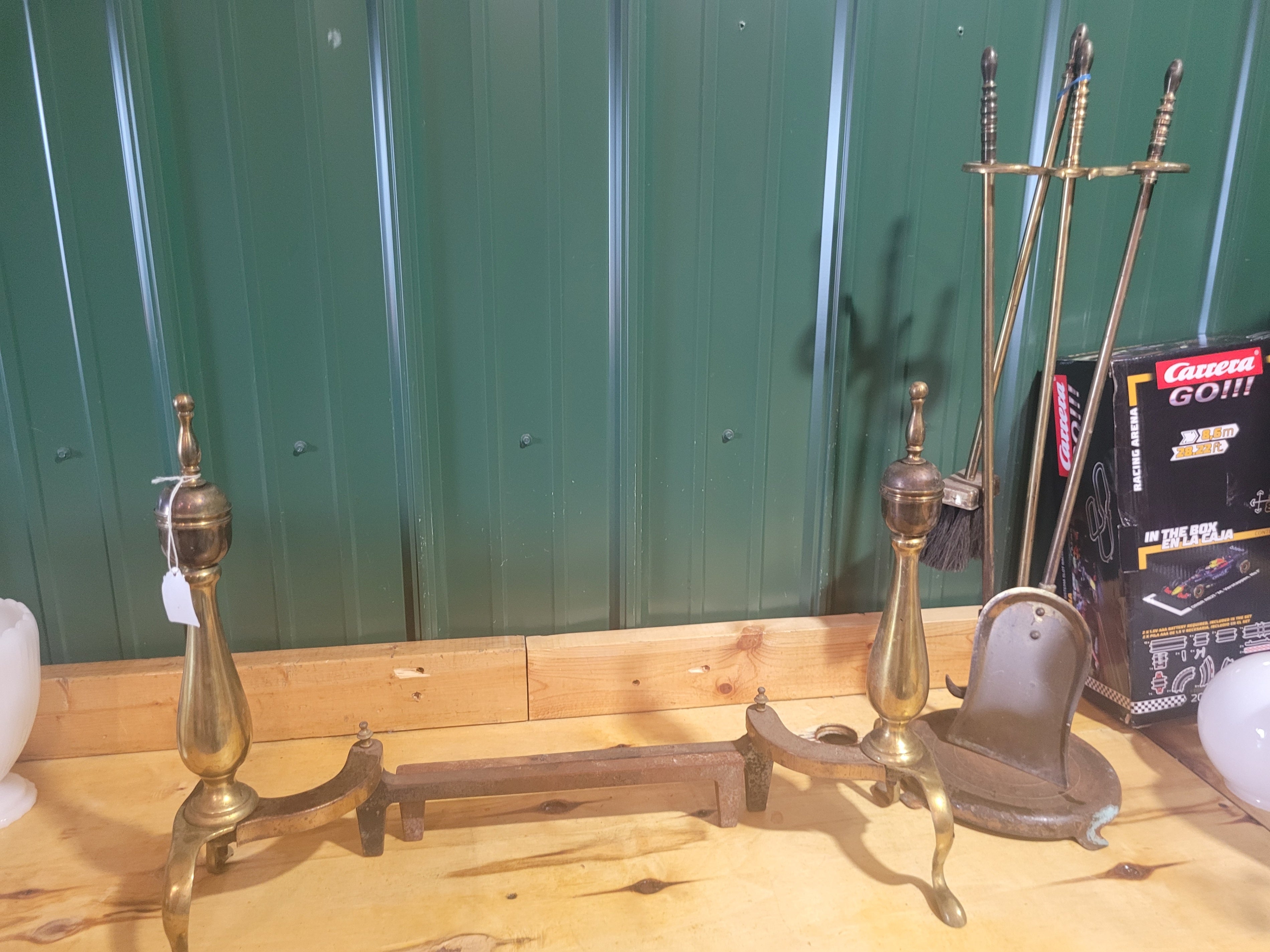 Antique Brass & Cast Iron Fireplace Andirons with Hearth Tool Set – 6 Pieces - Image 1