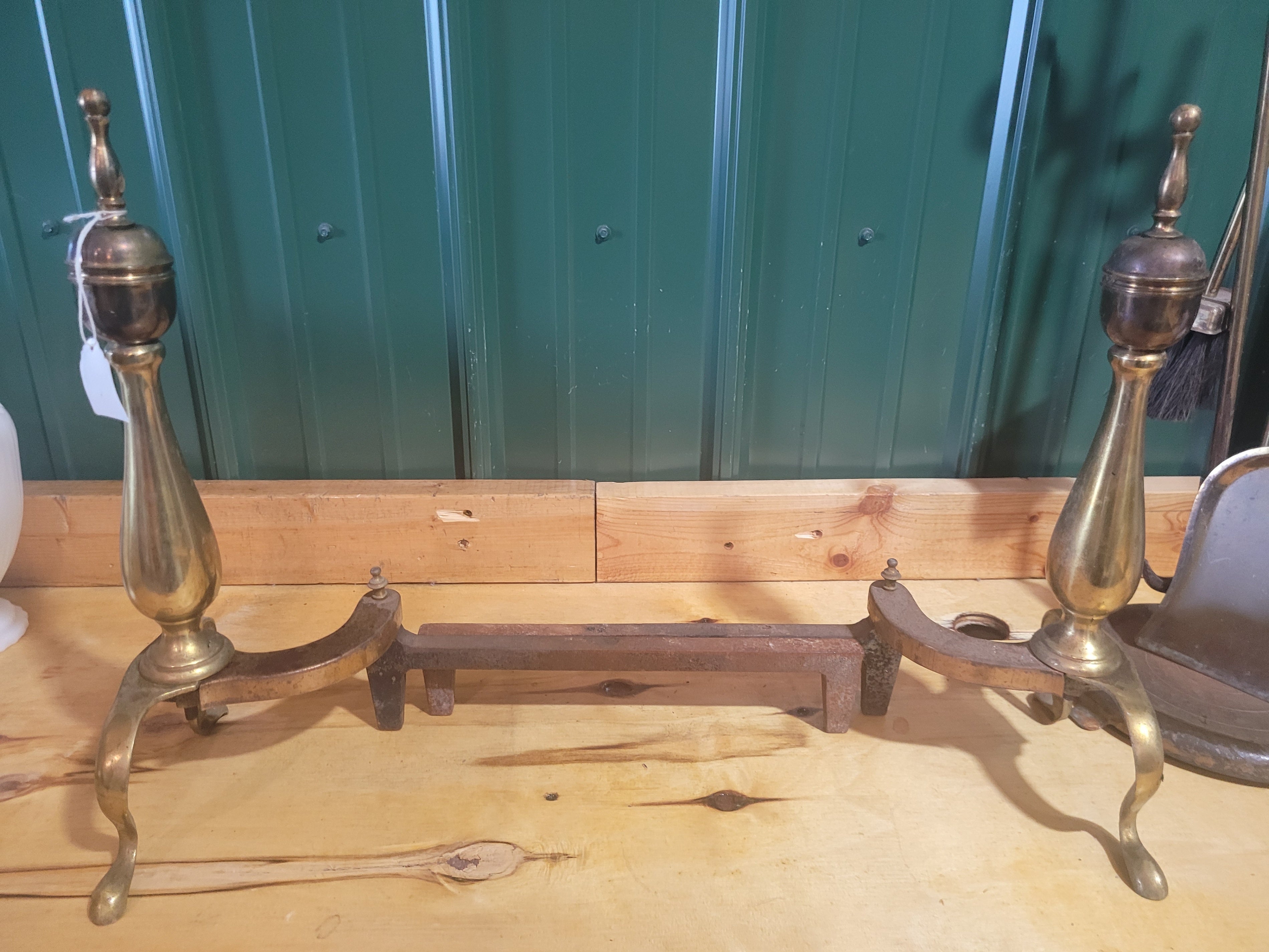 Antique Brass & Cast Iron Fireplace Andirons with Hearth Tool Set – 6 Pieces - Image 2