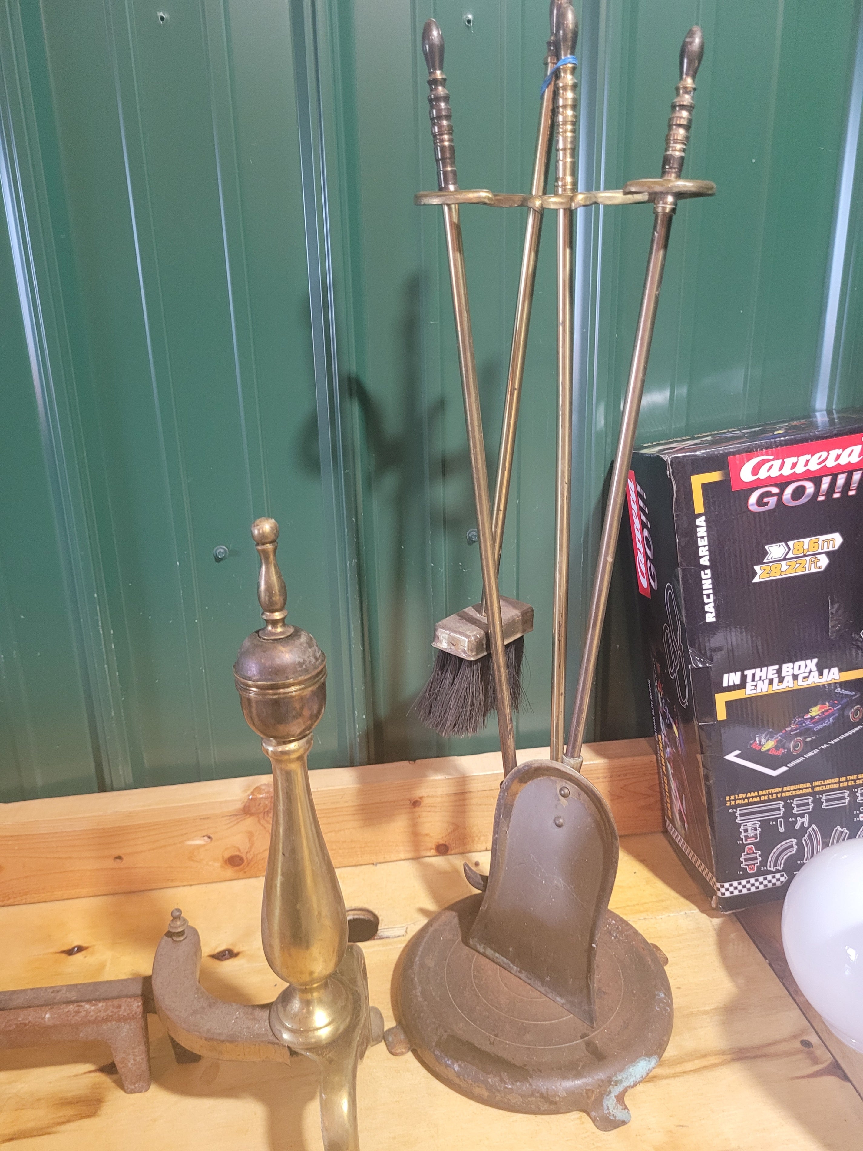Antique Brass & Cast Iron Fireplace Andirons with Hearth Tool Set – 6 Pieces - Image 3
