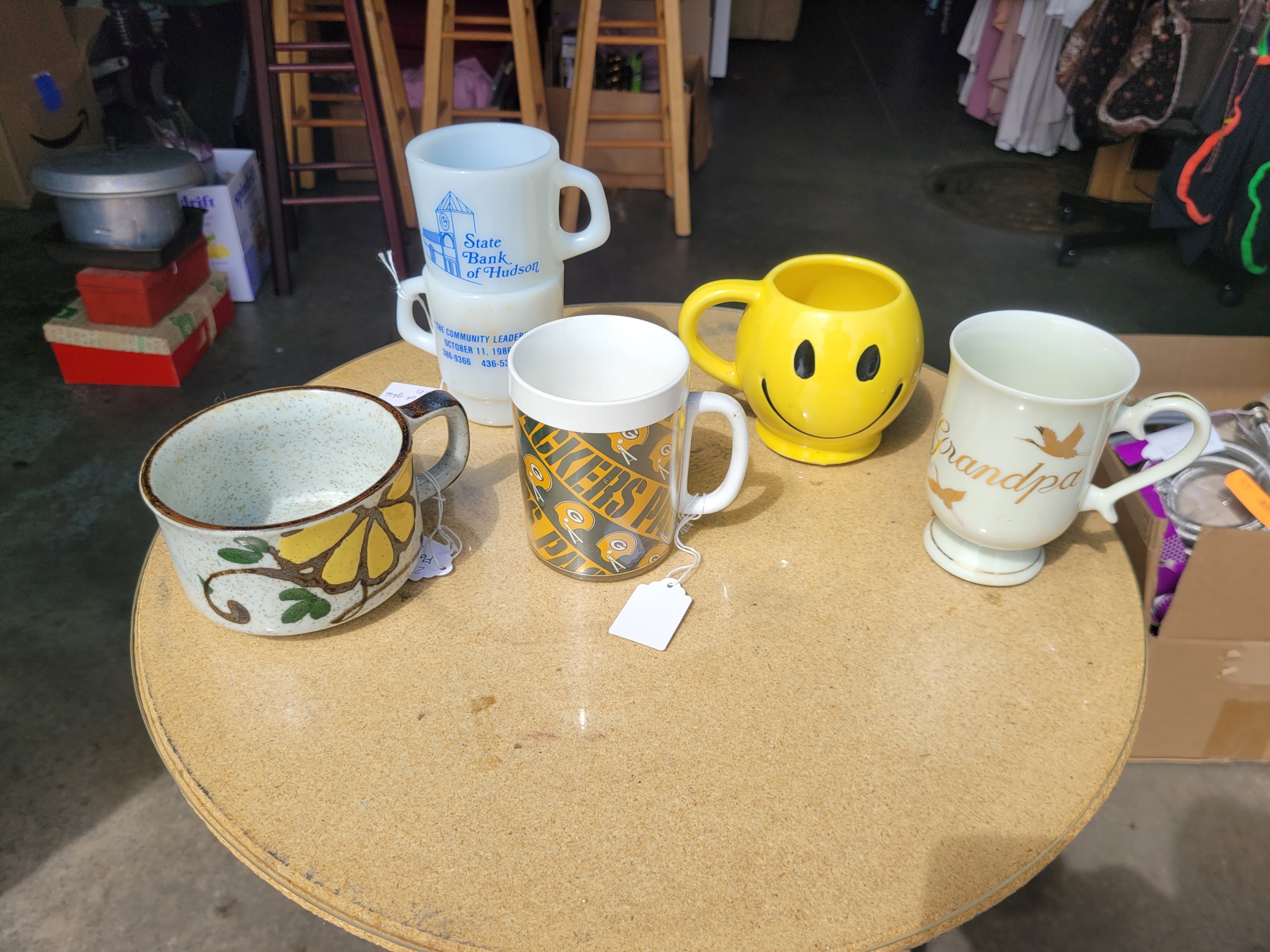 Coffee Mug Lot – Stoneware, Milk Glass, Packers, Smiley Face & Grandpa Mugs (6 Pieces) - Image 1