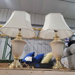 Pair of Vintage-Style Ceramic & Brass Table Lamps with Shades - Image 1