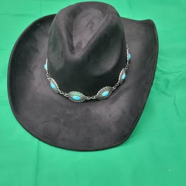 Black Western Cowboy Hat w/ Turquoise Concho Band – Wide Brim Rancher Fedora Style - Image 1