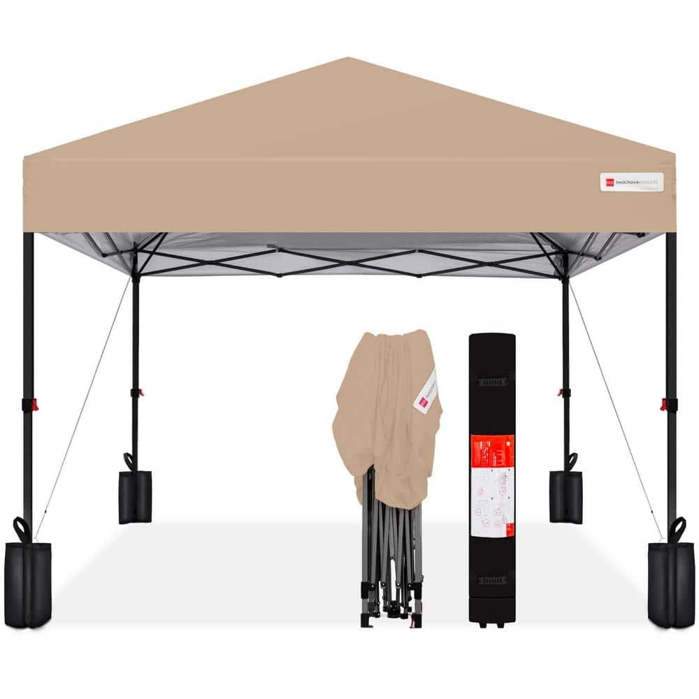 Best Choice Products 12x12ft Easy Setup Pop up Canopy W/ 1-Button Setup  Wheeled Case  4 Weight Bags - Tan - Image 1