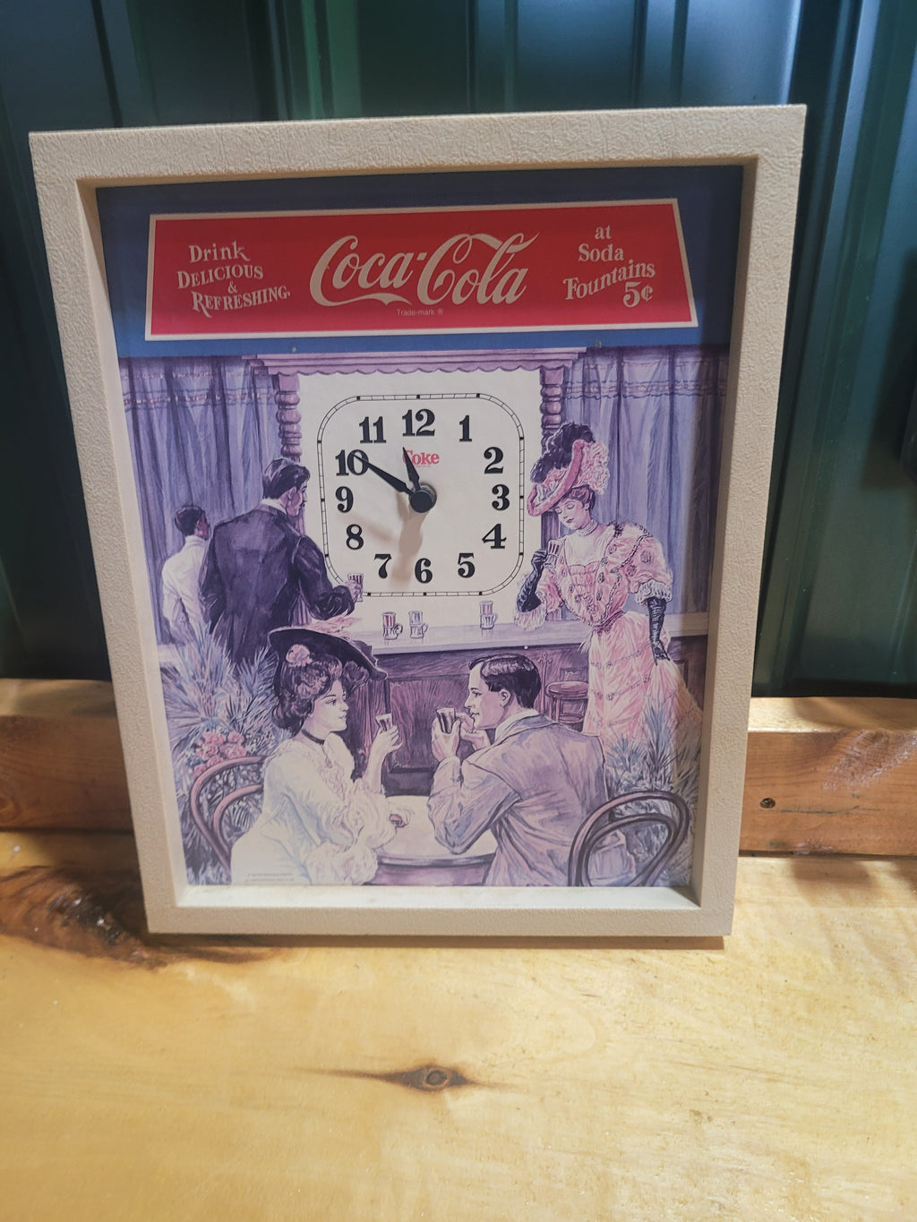 Coca-Cola Vintage Style Wall Clock – Framed Soda Fountain Print – Battery Operat