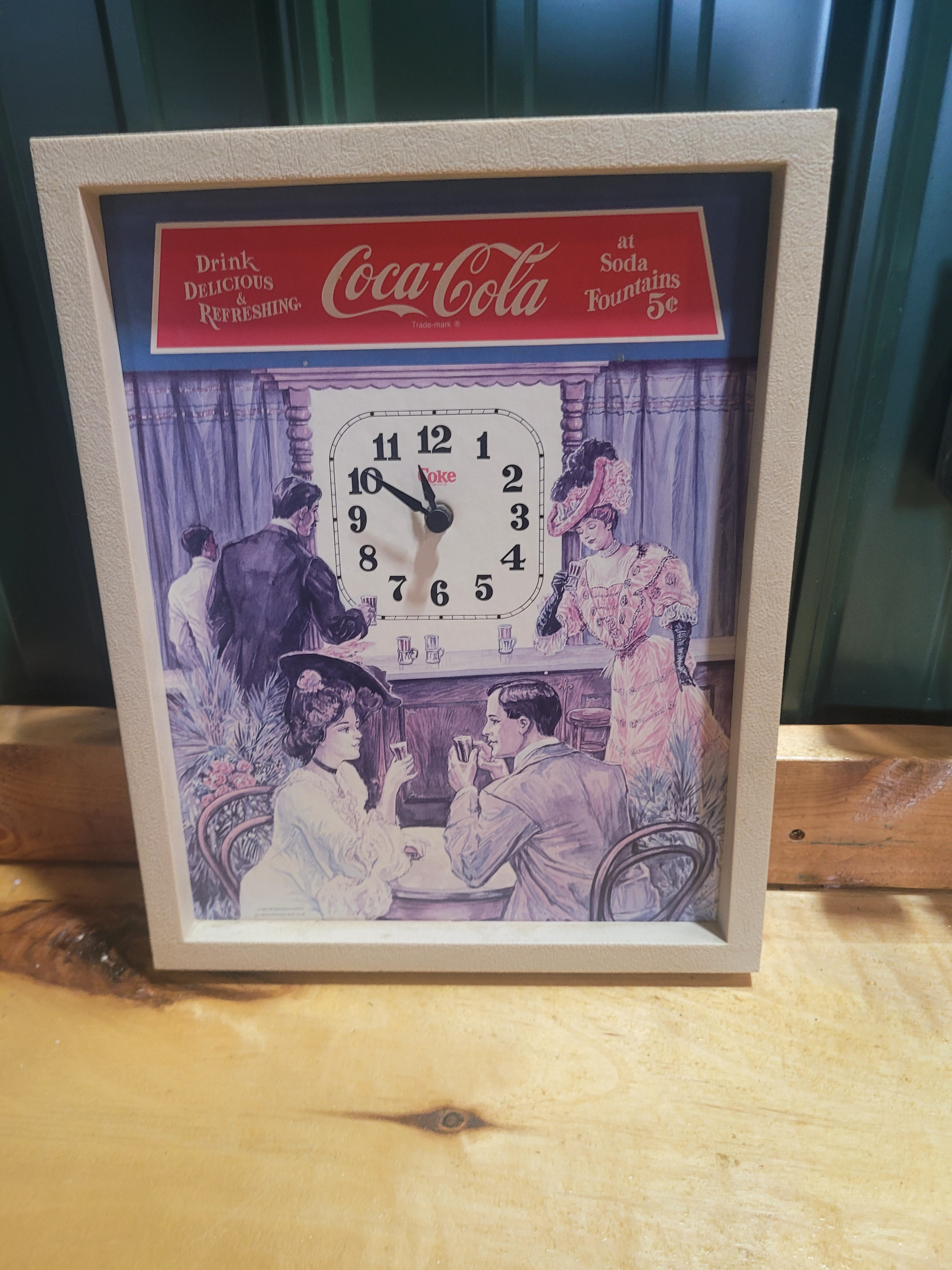 Coca-Cola Vintage Style Wall Clock – Framed Soda Fountain Print – Battery Operat
