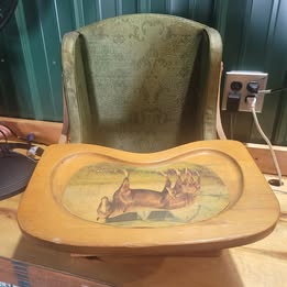 Vintage Upholstered Wooden High Chair with Horse Tray – Mid-Century Child's High Chair