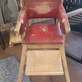 Vintage Wooden High Chair with Original Red Vinyl Seat – Rustic Farmhouse Decor
