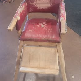 Vintage Wooden High Chair with Original Red Vinyl Seat – Rustic Farmhouse Decor
