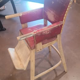 Vintage Wooden High Chair with Original Red Vinyl Seat – Rustic Farmhouse Decor