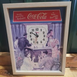 Coca-Cola Vintage Style Wall Clock – Framed Soda Fountain Print – Battery Operated