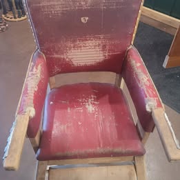 Vintage Wooden High Chair with Original Red Vinyl Seat – Rustic Farmhouse Decor