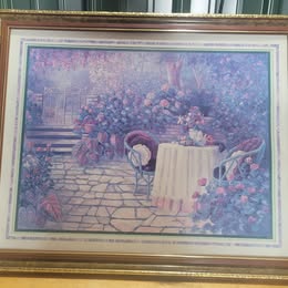 Framed Garden Patio Wall Art Print – Elegant Floral Courtyard Scene – Home Interiors – Made in USA